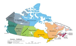 Canada map with each province shaded in different colours