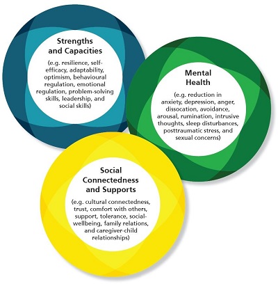 The common outcomes identified by projects funded under the Public Health Agency of Canada’s investment, “Supporting the Health of Victims of Domestic Violence and Child Abuse through Community Programs” are: Strengths and Capacities, Mental Health, Social Connectedness and Supports